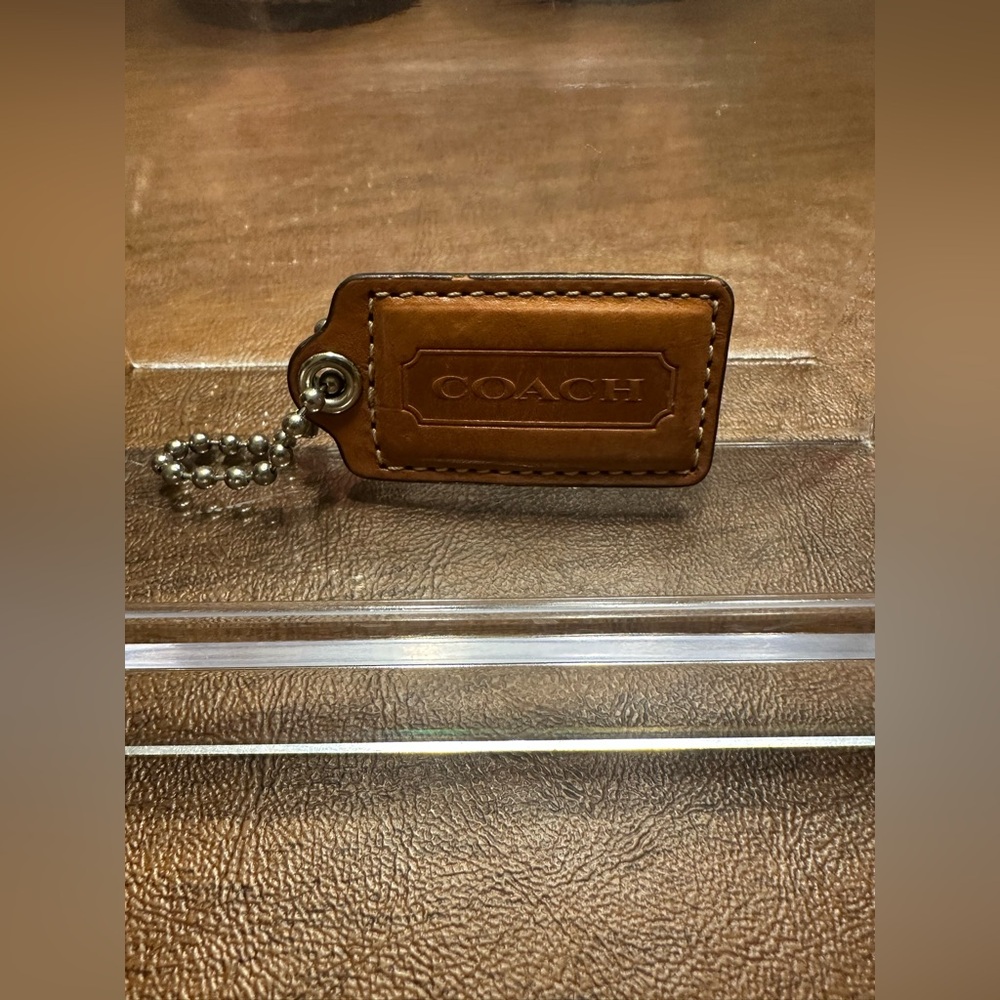 Coach Brown Leather Tag Keychain with Silver Ball Chain